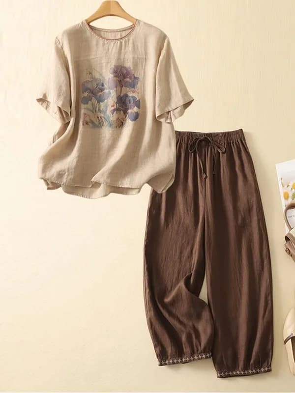 Retro Chinese Style Cotton Linen Summer Outfit Loose Lightweight Short Sleeve T-Shirt Women Casual Large Size Two-Piece Set