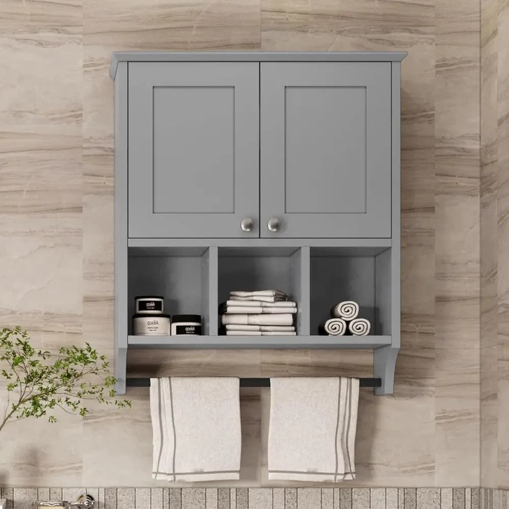 Mobiletto da Bagno Grigio a 2 Ante da Parete con 3 Ripiani e Portasciugamani per Stoccaggio Sopra il WC