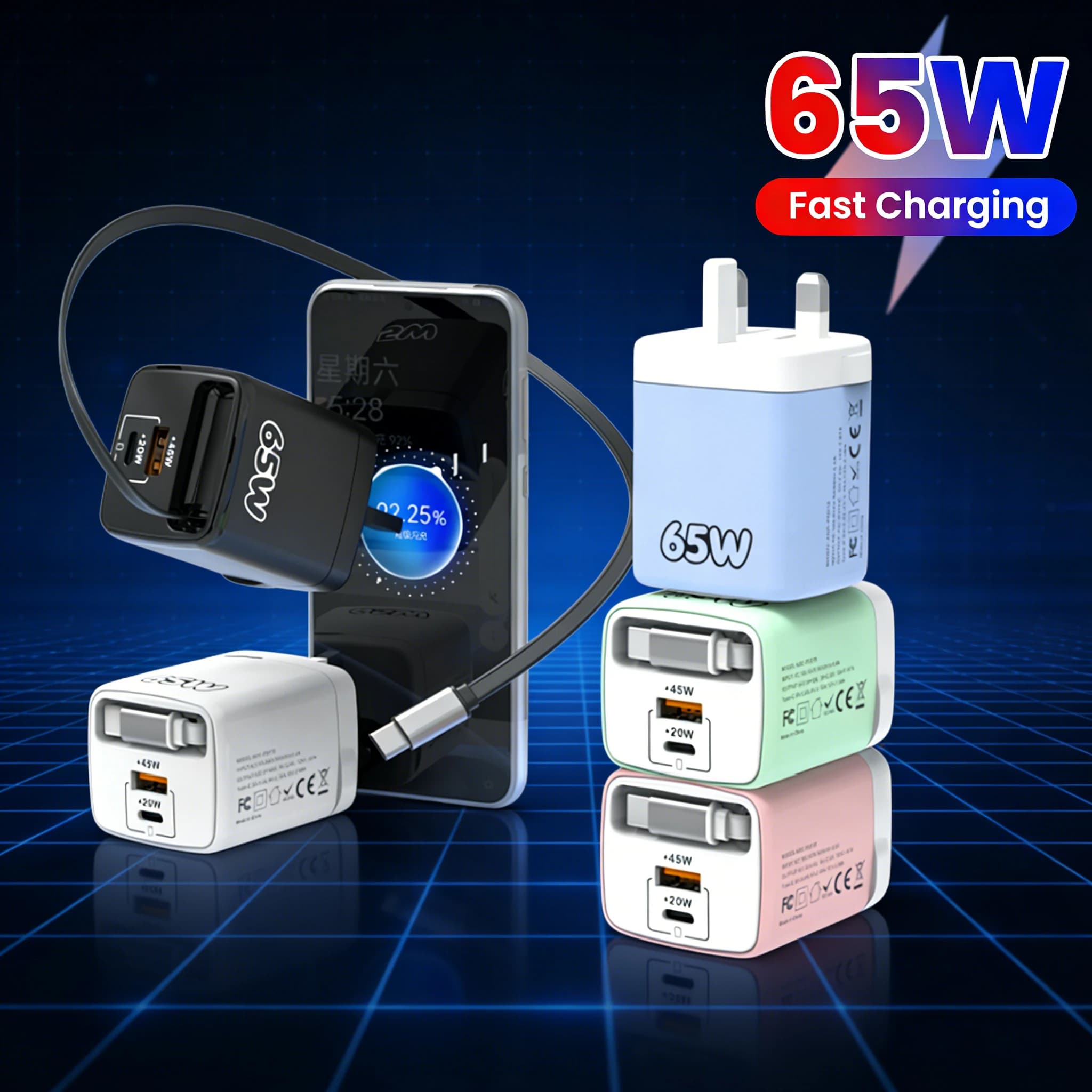 Caricabatterie USB Quick Charge 3.0 da 65 W, caricabatterie PD a ricarica rapida di tipo C con cavo retrattile USB C per iPhone Xiaomi Samsung Huawei