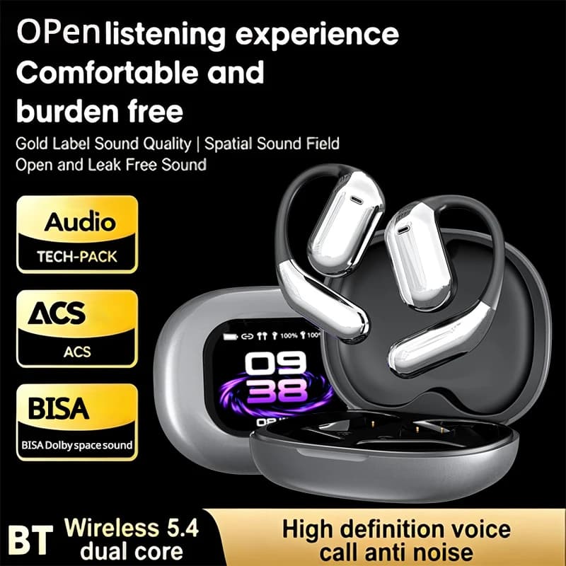 Auricolari Traduttori AI con Traduzione in Tempo Reale in 144 Lingue, Schermo LCD Touch, Cuffie Wireless Open-Ear OWS, Audio HiFi Stereo