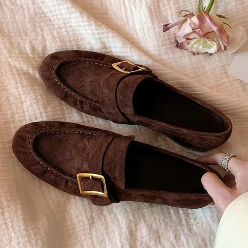 Retro Chunky Heel Faux Suede Women's Loafers Metal Buckle Decoration Flat Casual Shoes for Women Light Comfortable Women Shoes