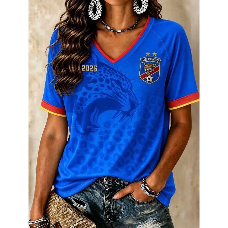 2026 Family Matching DR Congo Leopard Pattern Themed Football Jersey Breathable Quick-Dry Soccer Fans Casual V-Neck Soccer Tee