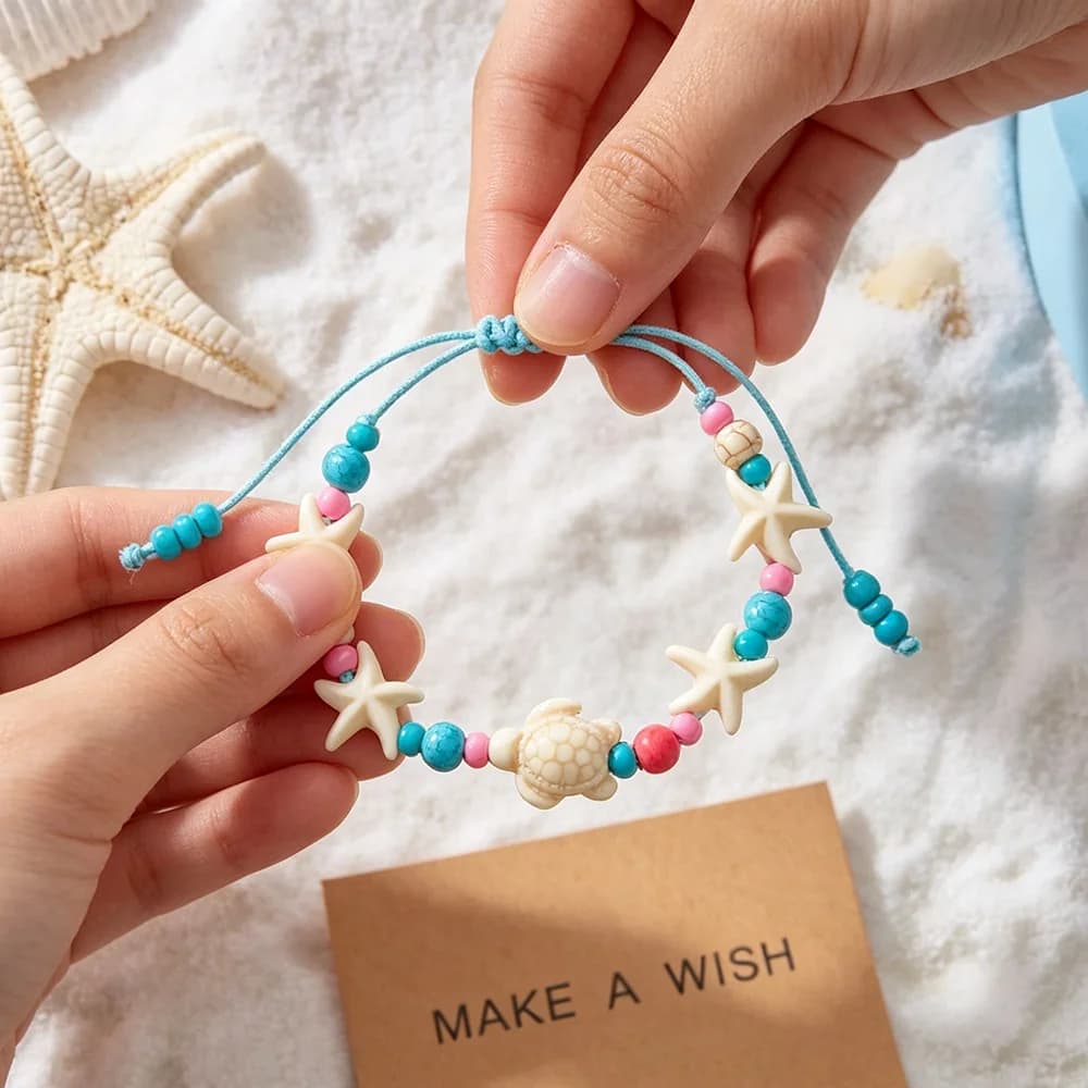 Braccialetto Estivo con Stella Marina e Conchiglia, Bracciale Regolabile con Perline di Riso per Donne e Ragazze, Gioielli dell'Amicizia con Perline a Tema Marino