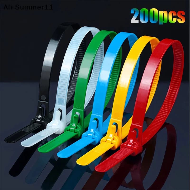 【NpA】200Pcs Reusable Cable Ties Cable Lock Loop Nylon Ties Removable Recyclable Mixed Colours Cable Ties