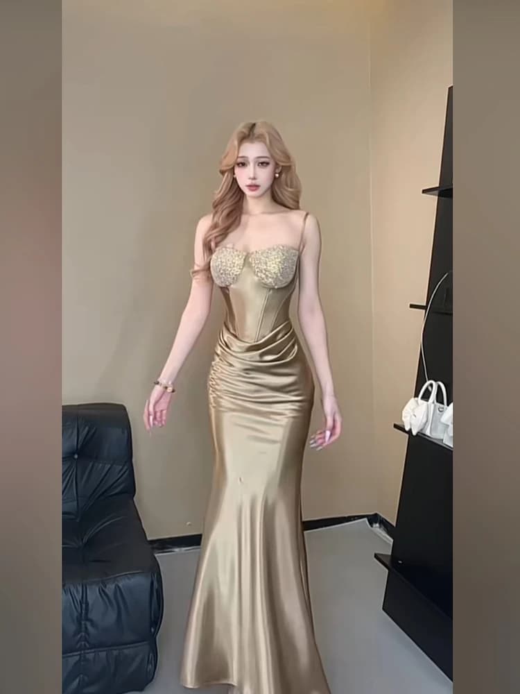 Sexy Fibone Strap Dr Glitter Patchwork Bodycon Skirt High Waist Long Sve Women's Faion Design Sensual Ciwalk Dr