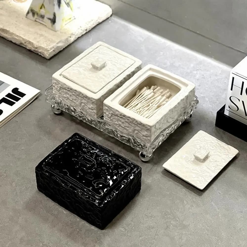 Ceramic Cotton Swab Box Hammered Pattern Decorative Cotton Swab Jar Large Capacity Jewelry Storage Box for Living Room