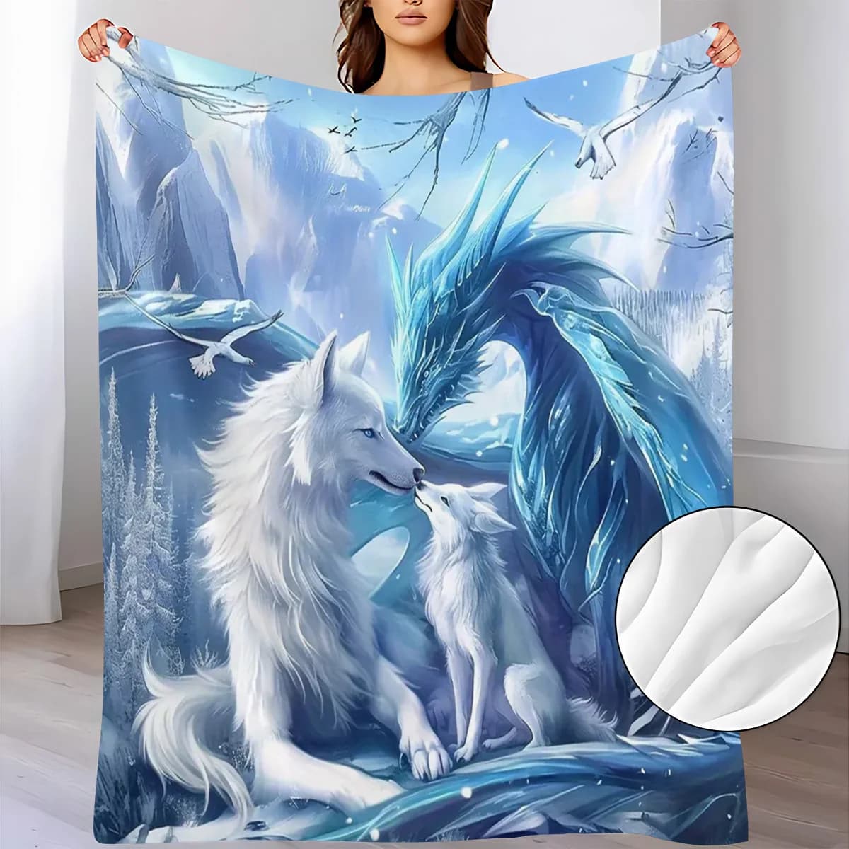 Mystical Ice Dragon White Wolf Family Snow Mountain Scene Pattern Flannel Blanket Warm Cozy Printed Throw Blanket