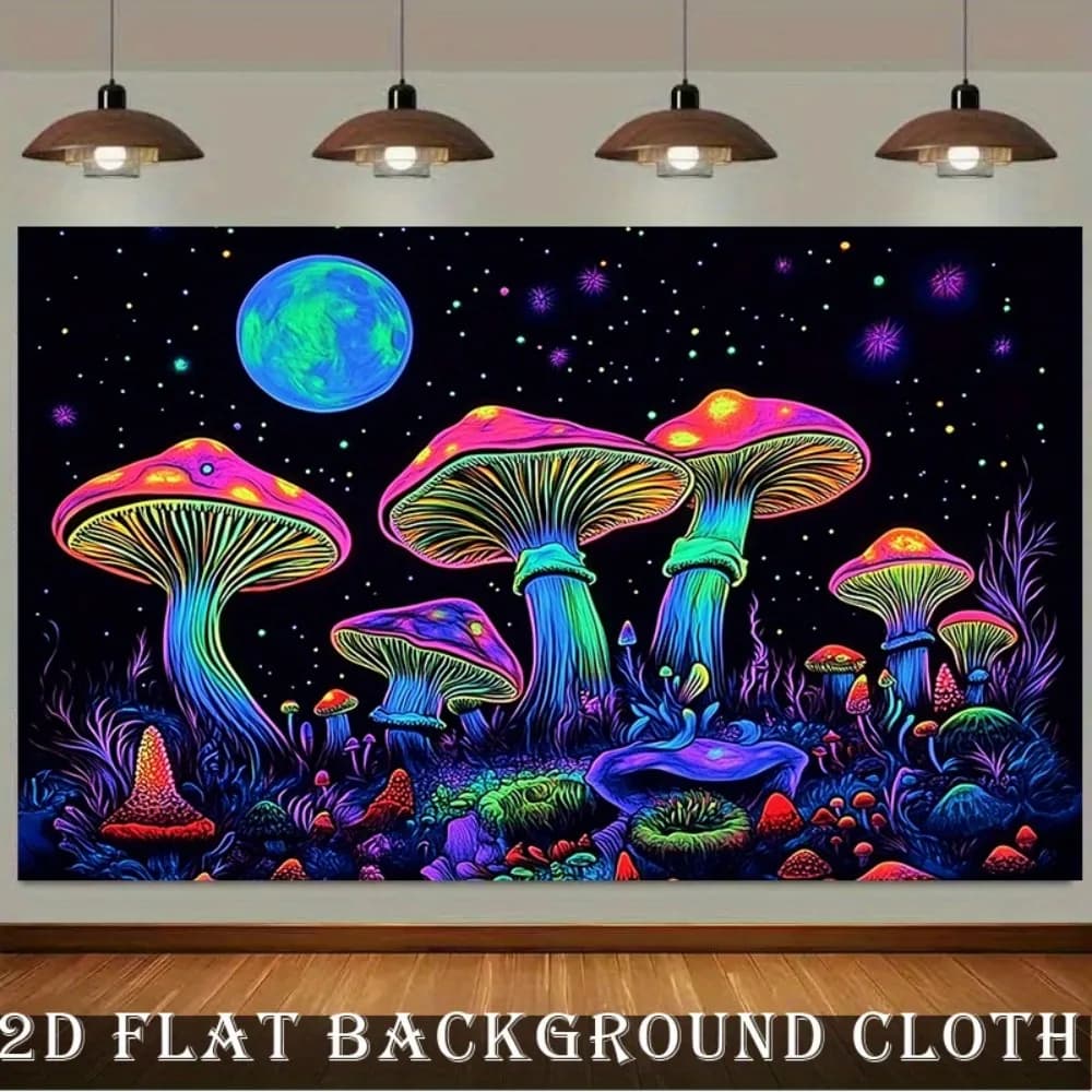 VIKAMA Neon Fluorescent Mushroom Forest Psychedelic Tapestry, Wall Art Hanging For College Dorm, Bedroom, And Party Home Decor