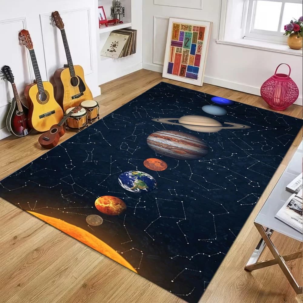 Tappeto con motivo universo, pianeti e orbite su sfondo nero, decorazione spaziale, tappetino morbido antiscivolo per soggiorno e camera da letto