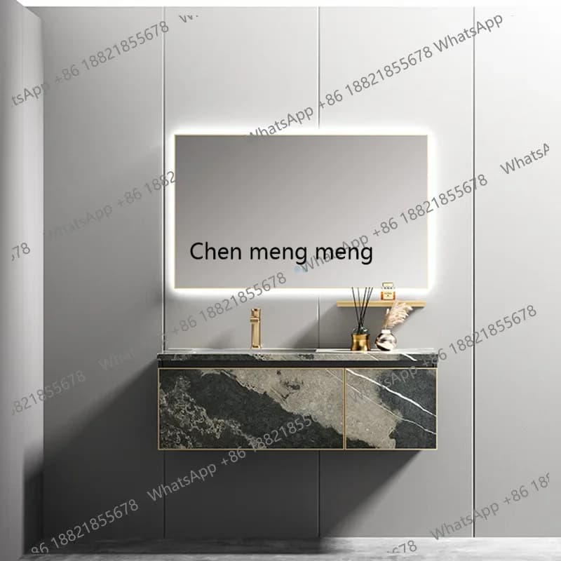 Mobile bagno F181 Foshan di lusso leggero con lavabo integrato in lastra di roccia, specchio LED intelligente e piano lavabo.
