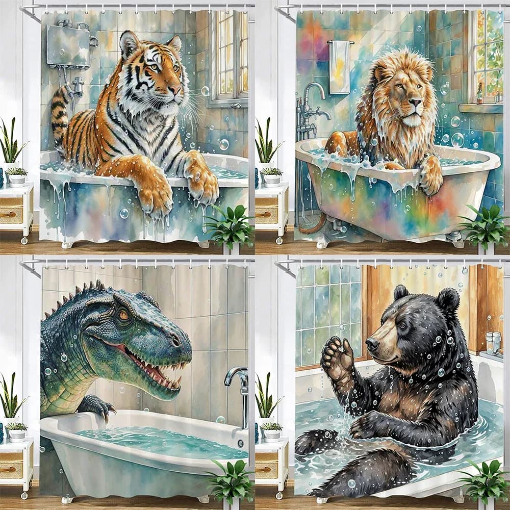 Tenda da doccia per animali divertente e creativa, tenda da bagno impermeabile, divertente bagno Tenda da bagno divisoria per leone, tigre e orso