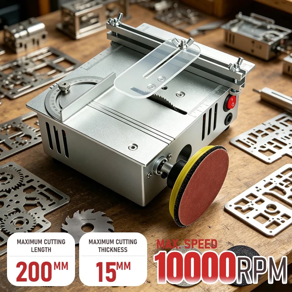 Mini Sega da Tavolo 10000 RPM, Macchina da Taglio Multifunzionale Fai-da-Te con Spessore Massimo di Taglio 15mm per Officina Domestica