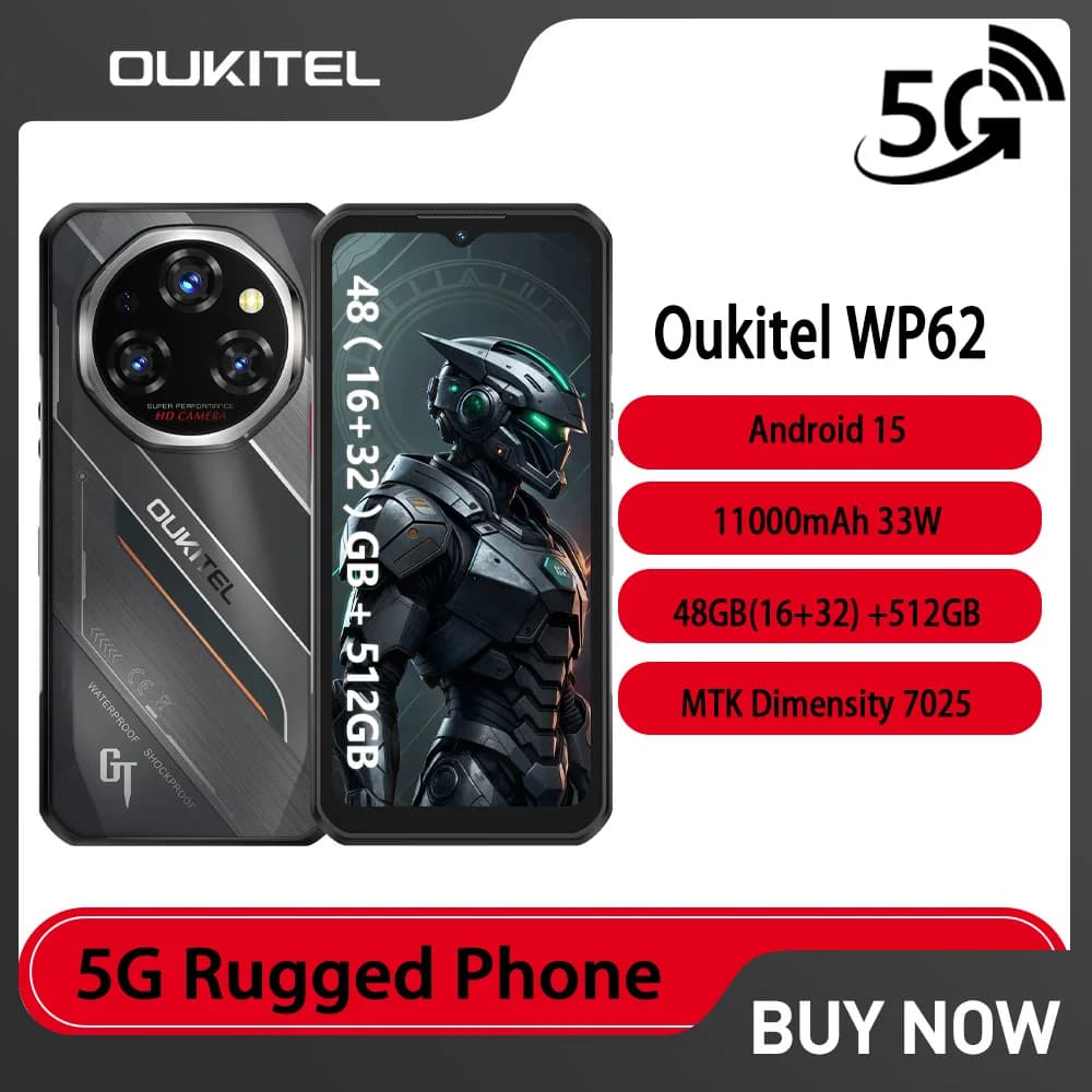 Smartphone robusto Oukitel WP62 5G 48 GB (16 + 32) + 512 GB 6,6 "FHD + 108 MP Dimensity 7025 11000 mAh 33 W Tipo-C Android 15 NFC Cellulare