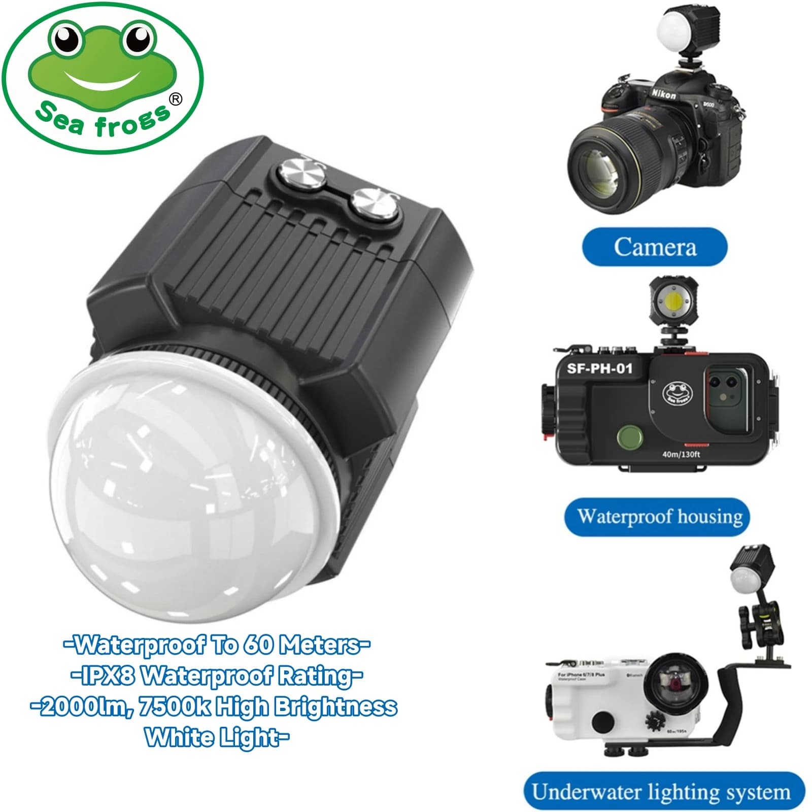 Seafrogs IPX8 60meter Waterproof Diving Fill Led Light 2000LM Universal for TG7/6 Camera &Phone Video Light Diving Strobe Flash