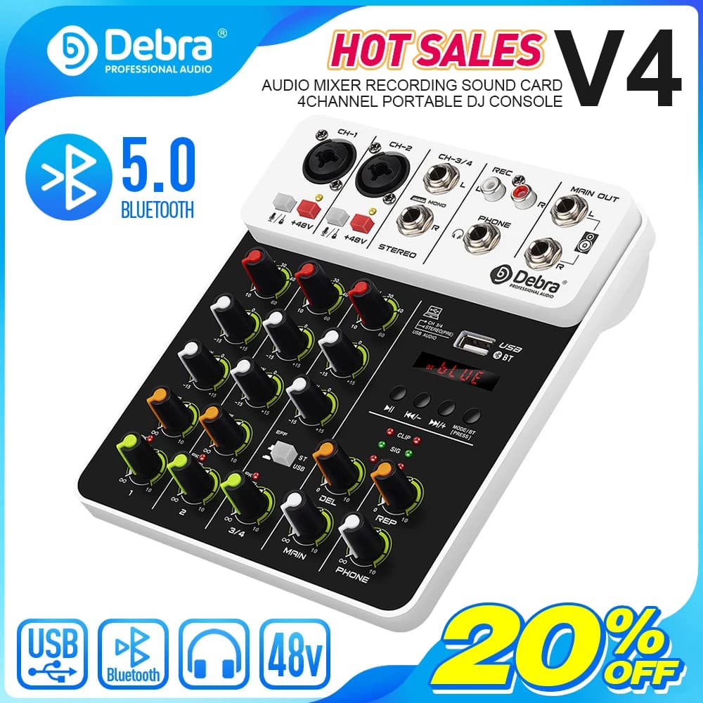 4 Channel Audio Debra V4 Mixer with Bluetooth, USB, Phantom Power 48V, Delay Effect/Repection for Mixing Console and PC Recording