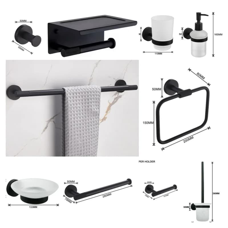 High Quality Matt Black Wall Hook Toilet Paper Holder Towel Bar Toilet Brush Bath Towel Rack Bathroom Accessories