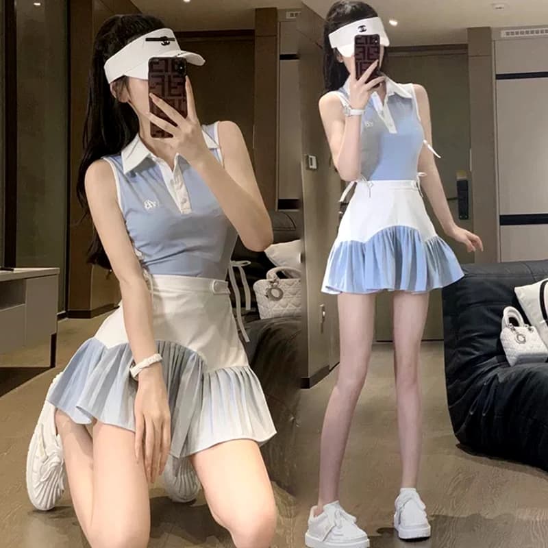 PL Abbigliamento da golf da donna T-shirt senza maniche con scollo a V Gonne sportive di colore a contrasto Canotta polo ad asciugatura rapida Gonna slim a pieghe da donna