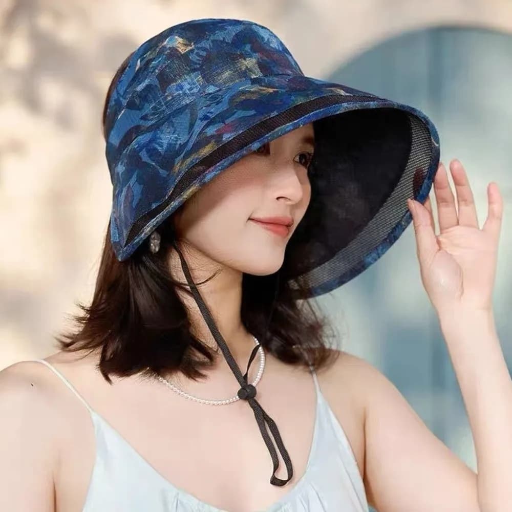 Cappello da Pescatore alla Moda Regolabile con Parte Superiore Aperta, Traspirante in Rete, Anti-Sole, con Foglie in Poliestere, a Tesa Larga, per Viaggi