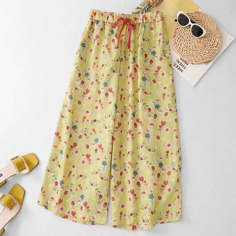 Yellow Floral Print Casual High Waist Wide Leg Pants Cool Feeling Eighteen Shorts Cotton Comfortable Breathable Spring Summer...