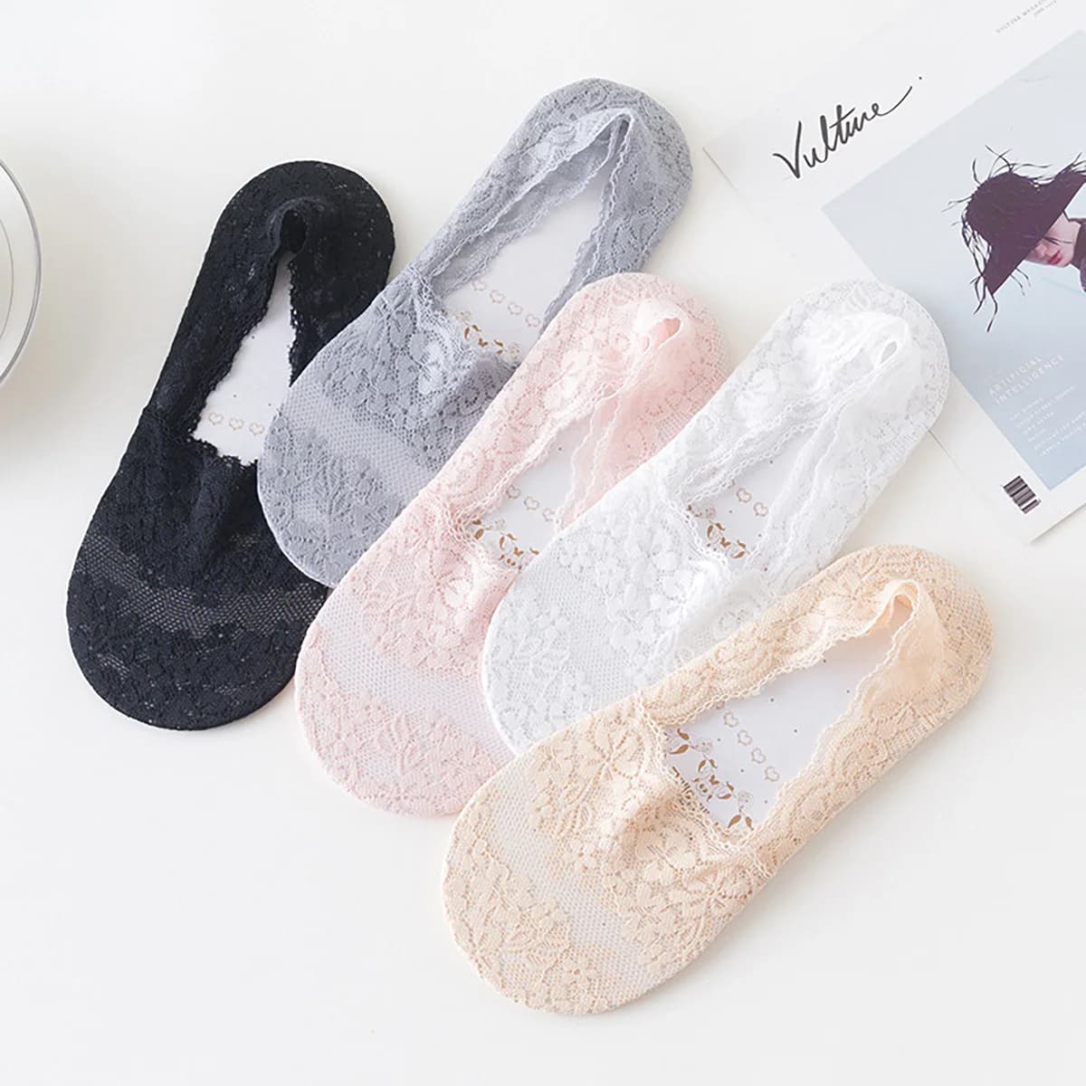 5 pairs of summer invisible socks by woman in lace, thin mesh socks, low socks, non-slip ankle socks, invisible, by woman