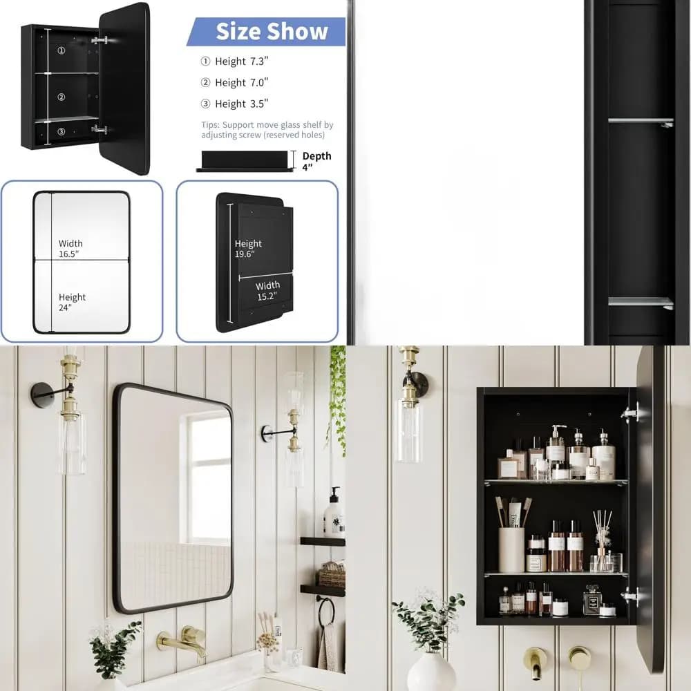 Mobiletto classico in legno nero con specchio curvo in metallo e contenitore per medicinali da incasso per il bagno