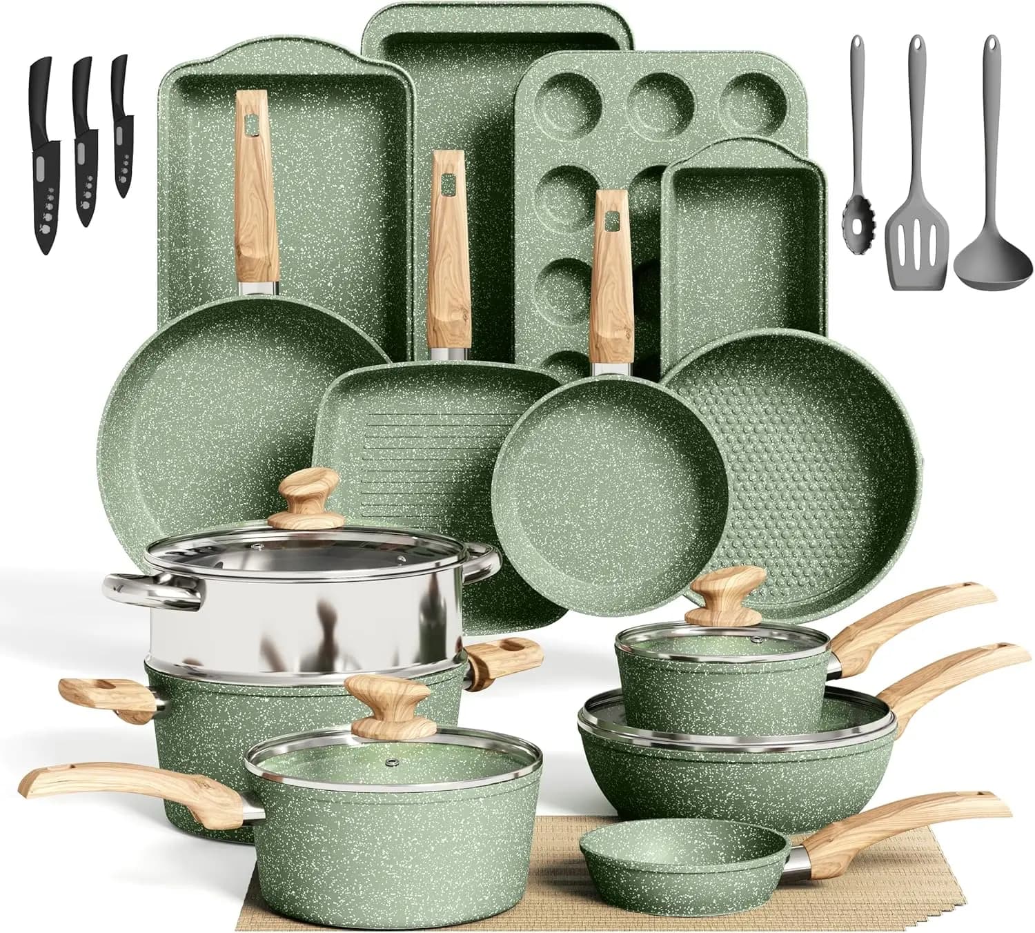 Set di Pentole in Granito Antiaderente da 30 Pezzi con Padelle e Casseruole, Compatibile con Induzione, Pentole da Cucina Verdi