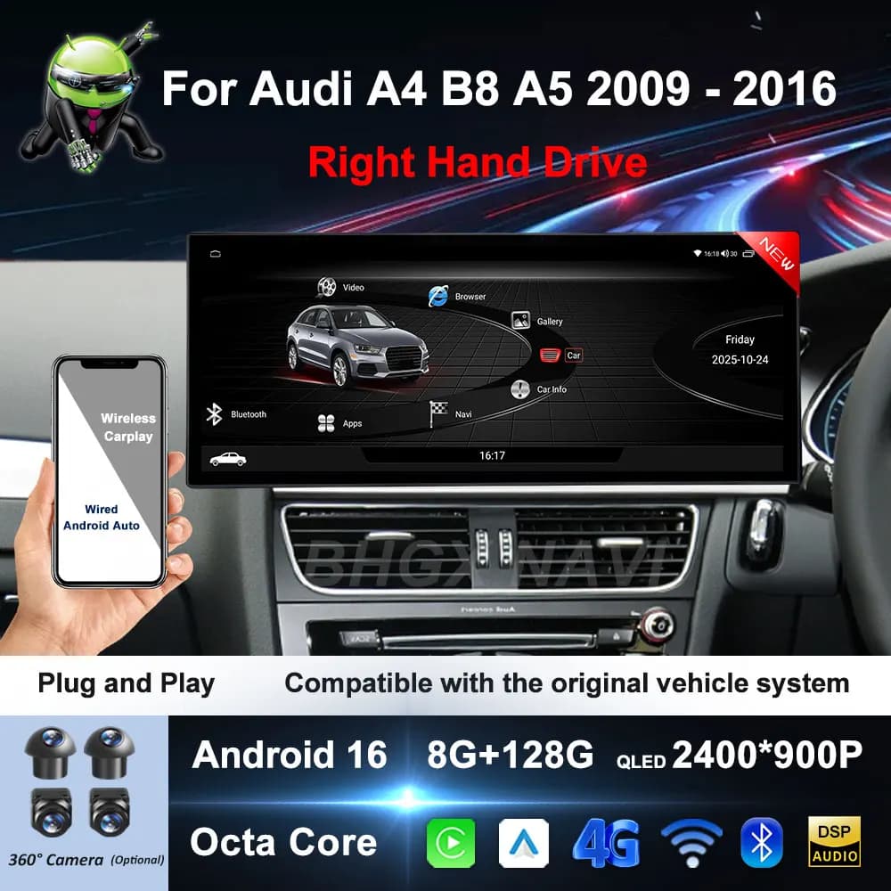 Android 16 Wireless Carplay Per Audi A4 B8 A5 2009 2010 2011 2012 - 2016 Navigazione GPS Auto Video Lettore Multimediale Bluetooth 4G