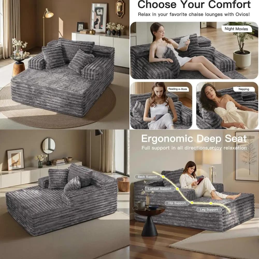Chaise Longue Oversize 67 sofa in Grey Ribbed Velvet with pull-out bed and 3 cushions for living and office