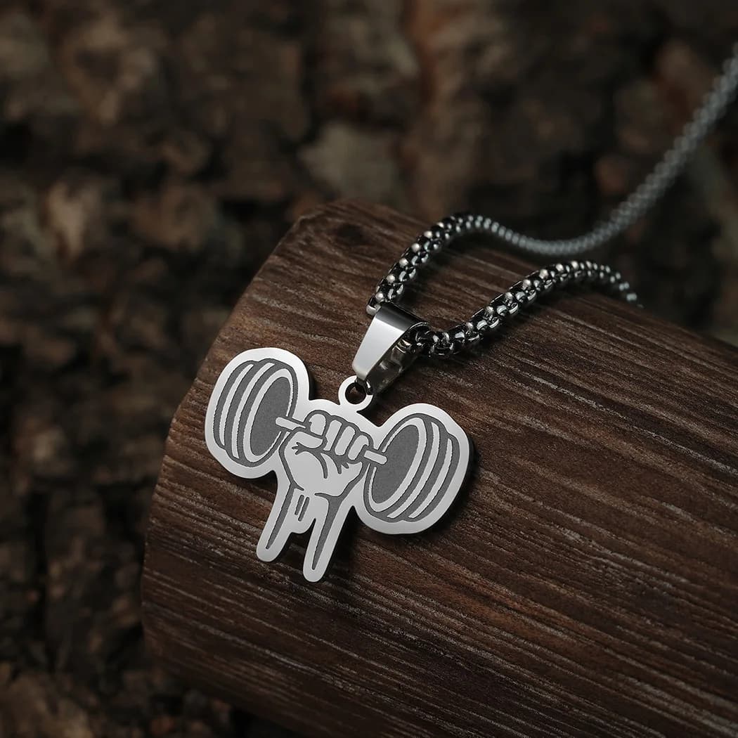 QIAMNI weight lifting pendant necklace with handlebars Bodybuilding gym chain with stainless steel barbell Muscle Man Fitness Jewelry