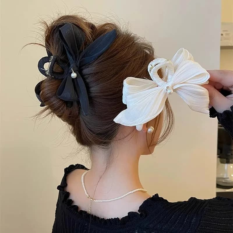 Fermaglio per capelli a forma di fiocco con perle, semplice ed elegante, per l'estate, accessorio per acconciature a coda di cavallo.