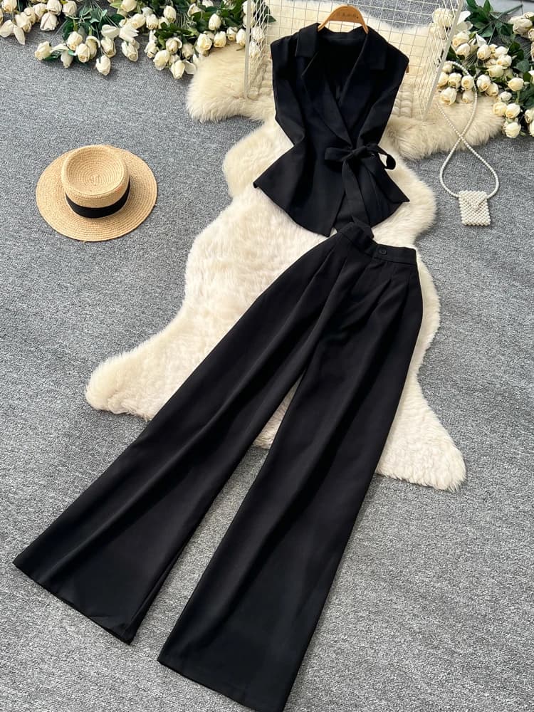 Elegant Tie-Belted Two-Piece Set Women's Summer Commute Suit High Waist Wide Leg Pants Versatile Ensemble Fashionable Workwear