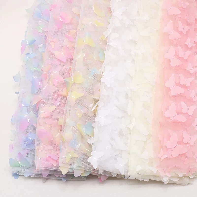 1 metri 130 cm di larghezza arcobaleno farfalla 3D decalcomania tulle pizzo sfumato fiore abbigliamento per bambini decorazione del partito tessuto bianco fai da te