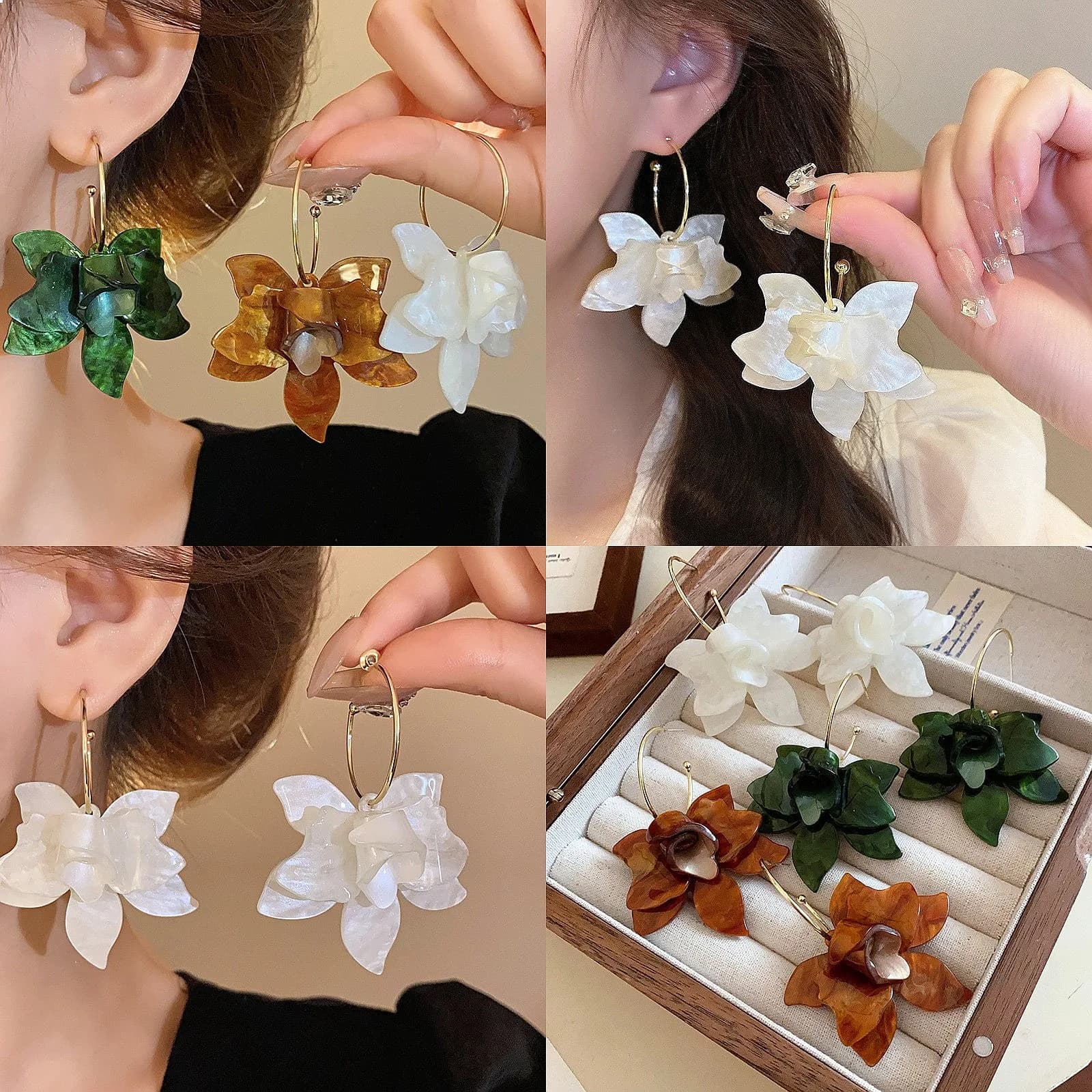 Vintage White Flower Drop Earrings for Women Delicate Acrylic Big Petal C-Shape Wedding Jewelry