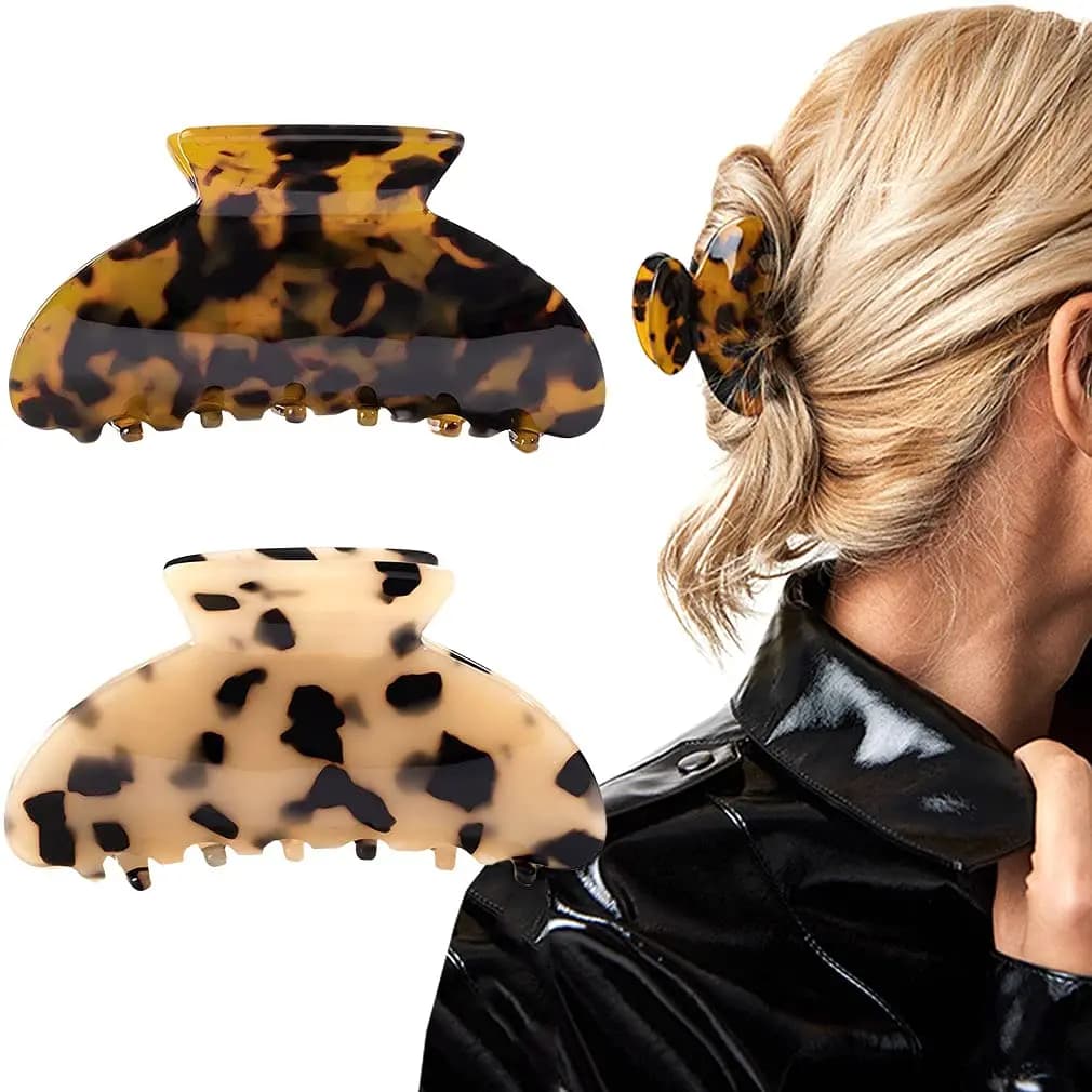2 fermagli per capelli a banana, design francese, in celluloid effetto tartaruga, stampa leopardata, grandi accessori moda per donne e ragazze