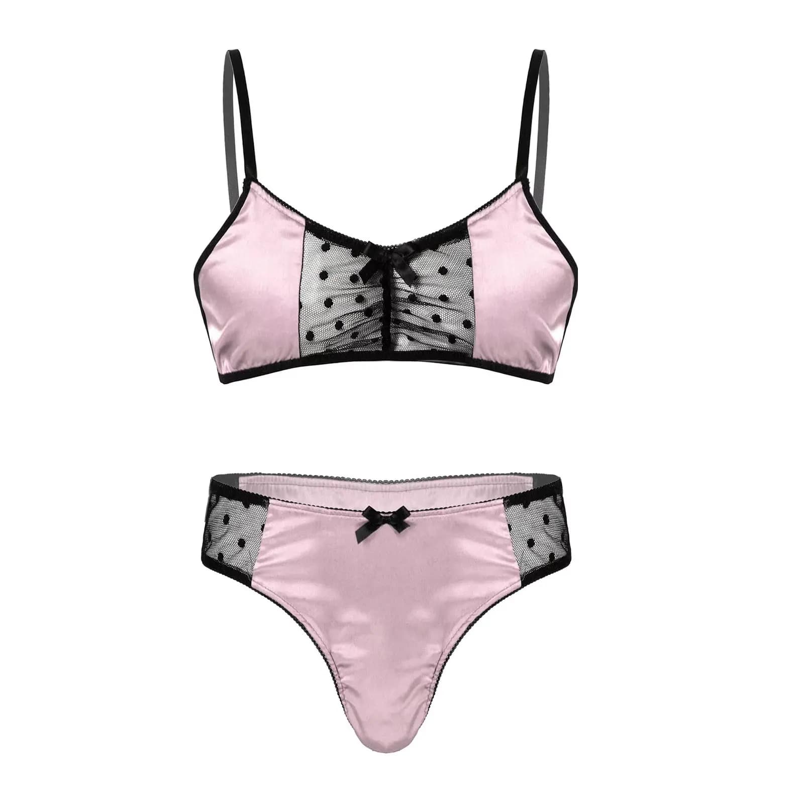 Abito da uomo in raso intimo da notte Sissy reggiseno a rete trasparente Patchwork top con slip perizoma indumenti da notte esotici intimo maschile Gay