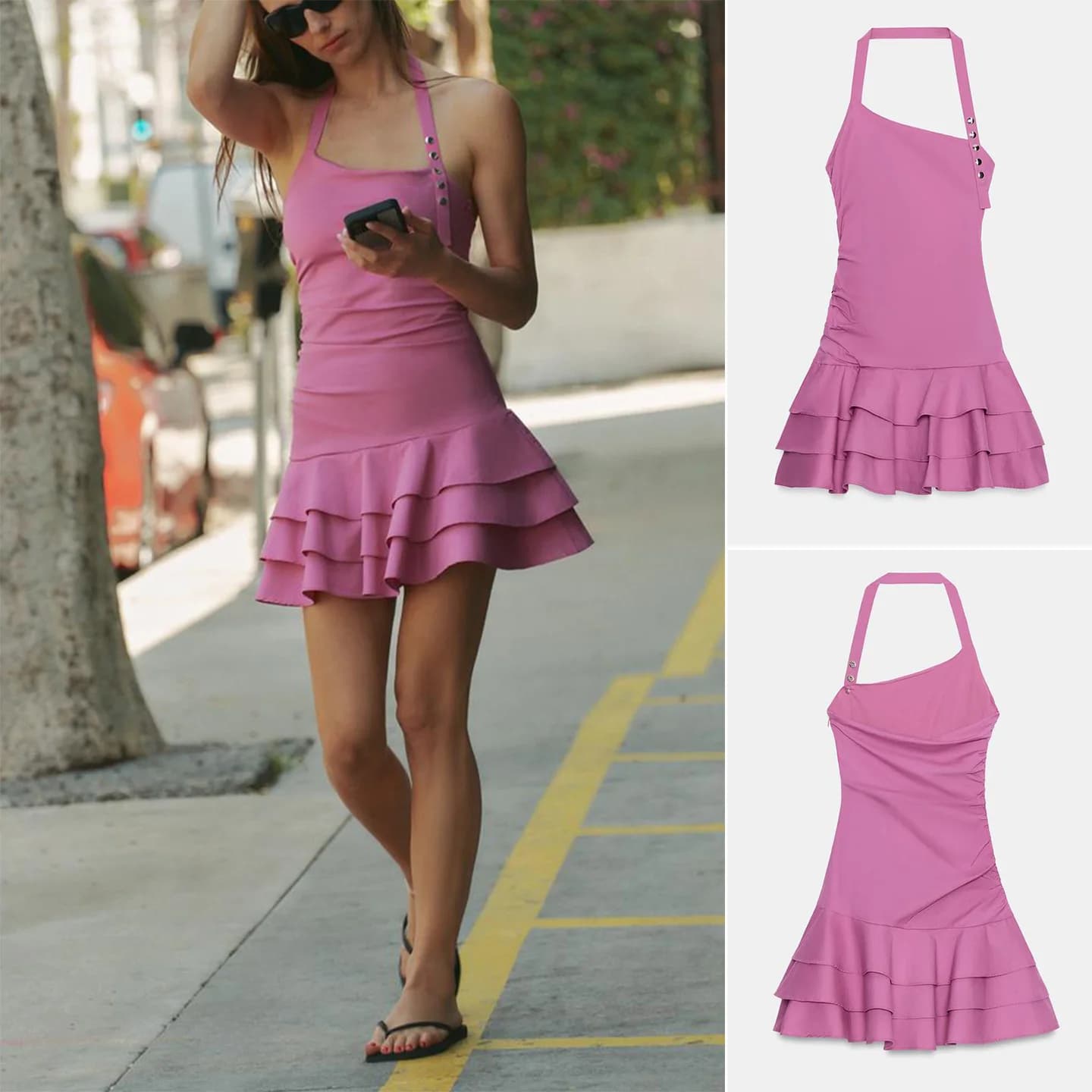 Summer New Women's Ins Style Pleated Asymmetrical Collar Layered Decoration Short Dress Cake Skirt Slim Fit Casual Polyester