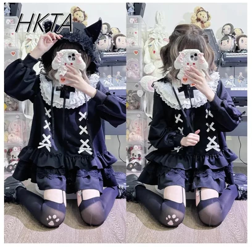 Original Design Y2k Sweet Cool Sweatshirt Coat Spring New Gothic Long Sleeve Black White Hat Hoodies Lolita Girls Hoodie Jacket