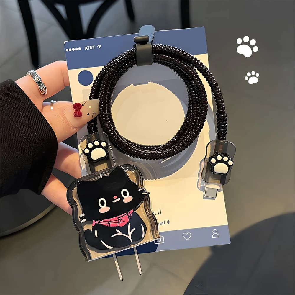 Protezione per cavo a forma di gatto per caricabatterie iPhone 20W 18W, organizer per cavi dati con avvolgicavo