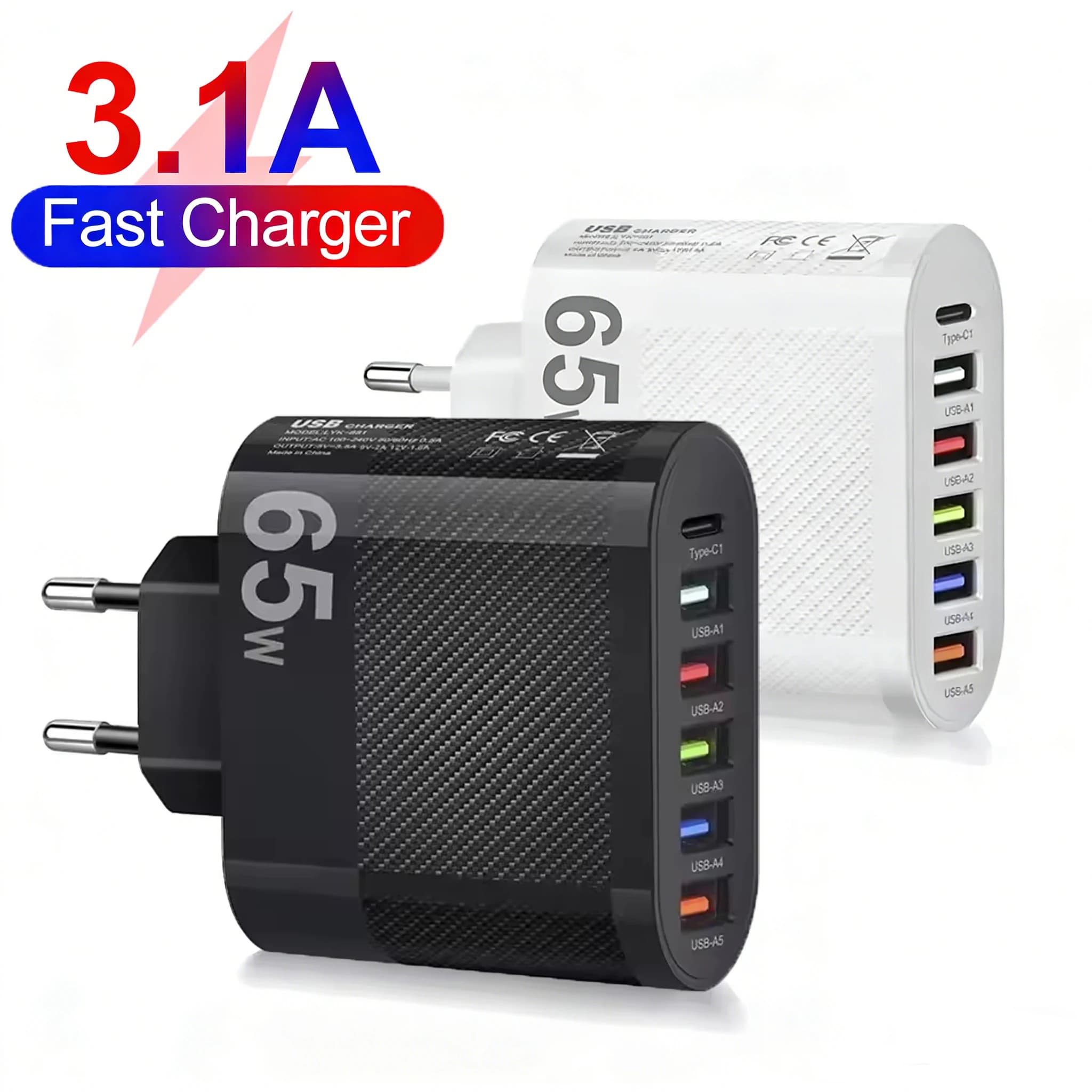 Caricatore USB 3.1A 5 in 1 QC 3.0 con adattatore di ricarica rapida PD, presa EU/US/UK, caricatore da parete a ricarica rapida per iPhone, Xiaomi, Samsung