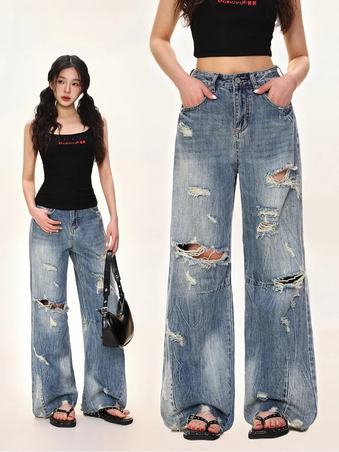 Jeans a Gamba Larga Stile Street di November, Casual a Vita Alta, Resistenti agli Strappi, Pantaloni in Denim Blu per Donna, Primavera-Estate