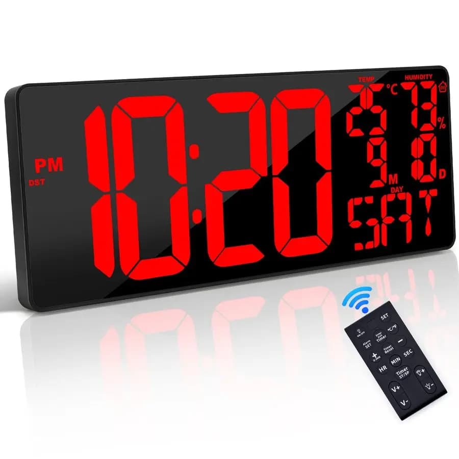 Digital Wall Clock Large 18 Poles with Remote Control, Digital Display Auto-Oscurant with Date, Temperature, Week, DST, Alarm, Numbers Jumbo 5.9 Inch
