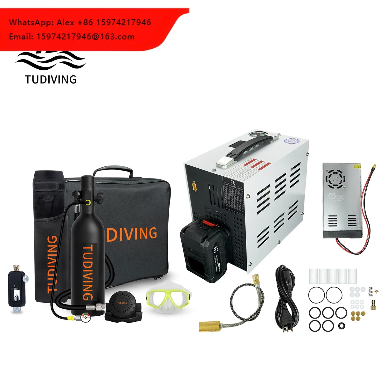 TUDIVING Hot Sale 1L Scuba Diving Bottle Equipment Snorkeling Tank Swimming HPA Lithium Battery Air Compressor Scuba Diving Set
