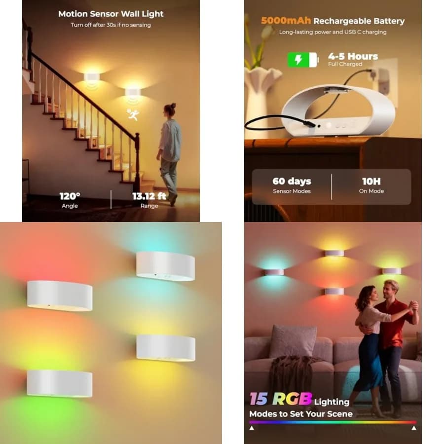 Lampada da Parete con Sensore di Movimento, Applique a Batteria Ricaricabile da 5000mAh con Telecomando, 15 Colori RGB e 3 Temperature di Bianco Dimmerabili