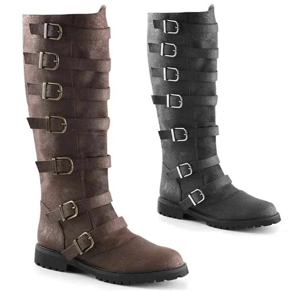 Stivali da pirata medievali in pelle PU rinascimentale Stivali lunghi da equitazione Steampunk da uomo alla moda per la festa di Halloween