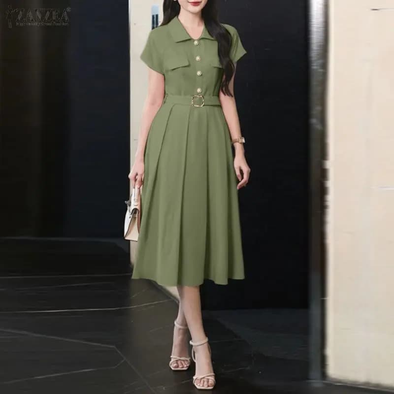 ZANZEA Abito midi elegante da donna con colletto rovesciato, maniche corte, cintura, linea ad A, abiti casual da pendolare, tinta unita, Robes Femme
