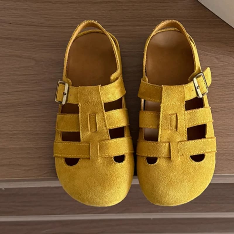 Scarpe basse casual da donna a testa tonda Estate Nuovo Baotou Pelle scamosciata di mucca Fibbia in metallo Suola morbida Sandali antiscivolo resistenti all'usura