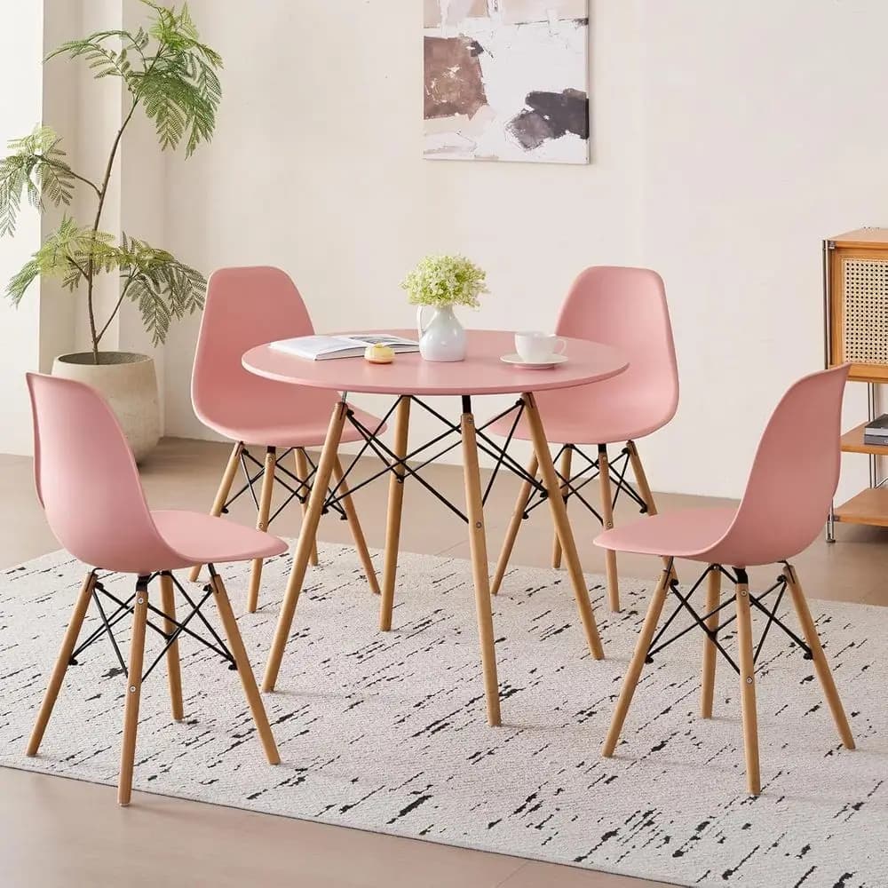 Set da Pranzo Rotondo Compatto a 5 Pezzi con 4 Sedie, Tavolo da 31,5 Pollici, Sedute in Plastica, Gambe in Legno Massello, Ideale per Cucina o Soggiorno