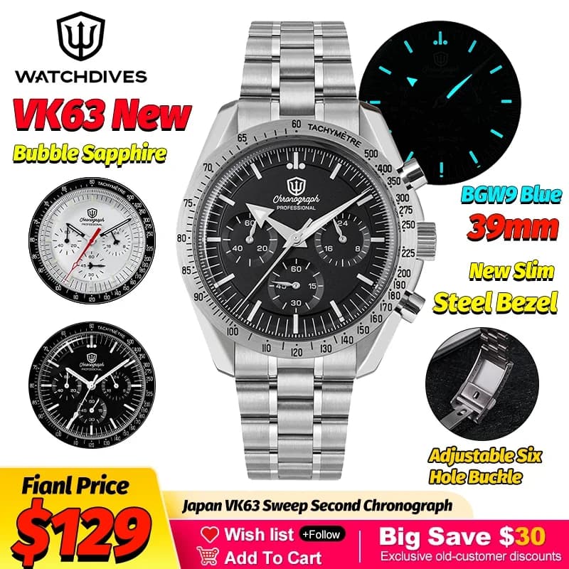 Watchdives WD1863 Quartz mechanical watches Black Spaces VK63 Chronograph Men's Sports Watches Bubble Sapphire Waterproof watch