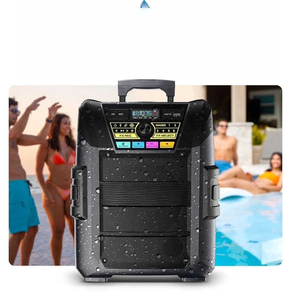 Altoparlante Bluetooth per Feste da Ristorante con Microfono Karaoke 220W, 5 Altoparlanti per Esterni, Luci LED, Radio, Ricarica USB, App, Batteria