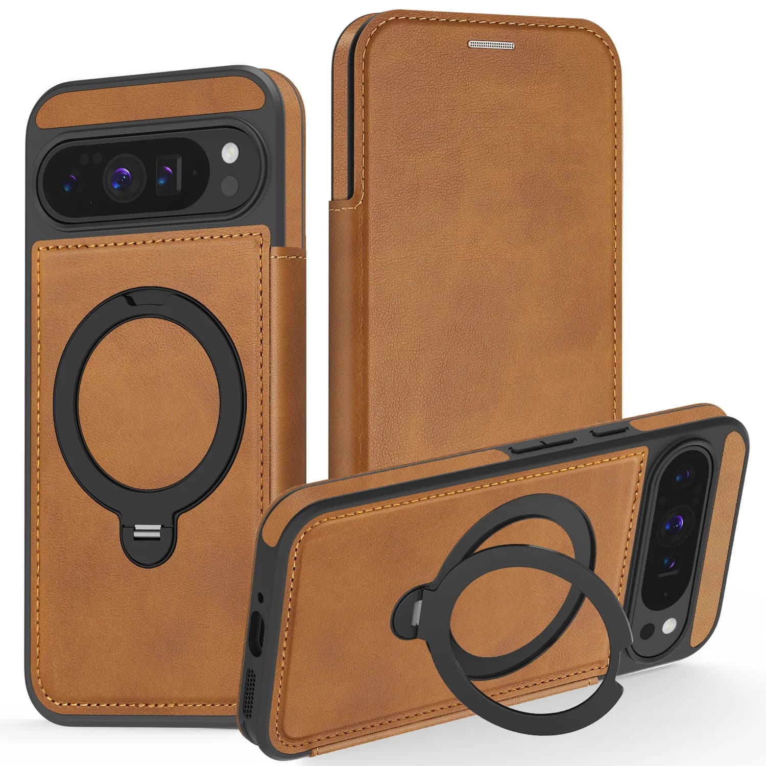 Magnetic leather wallet phone case with 360 degree rotating ring for Google Pixel 10 Pro XL 9A 9 8A shockproof for Magsafe Cover